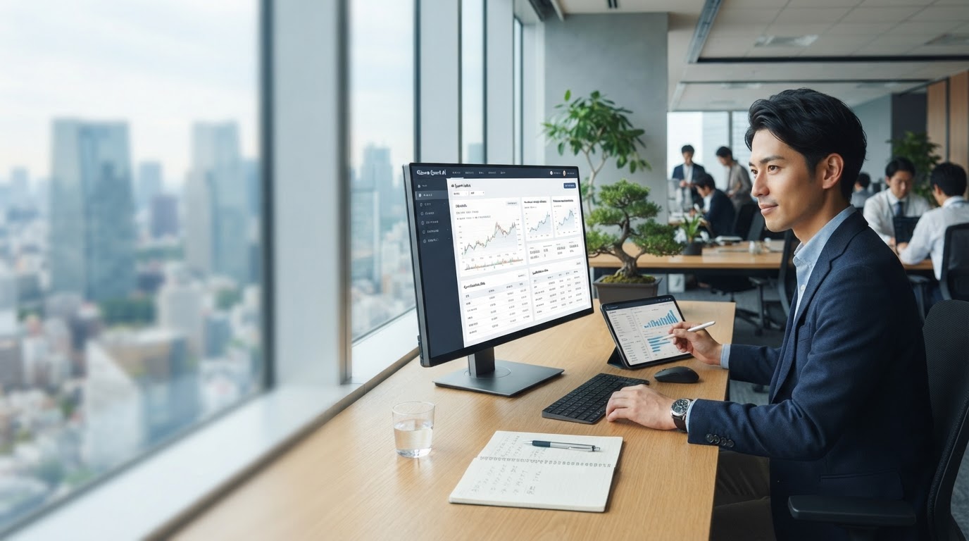 Rieki KōzaのAI分析ダッシュボード画面、暗号資産市場の上昇トレンドを示すグラフ